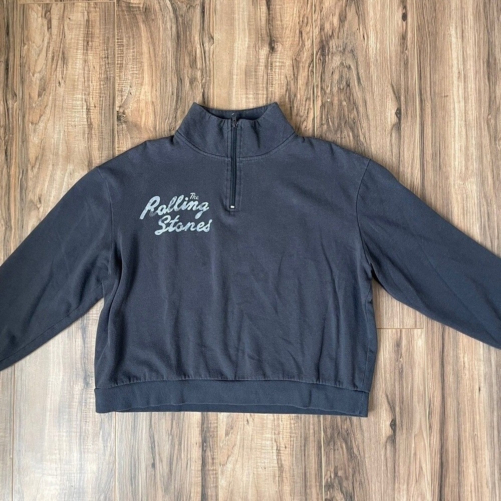 The Rolling Stones women's Quarter Zip Sweatshirt Gray Checkered Tongue Logo L